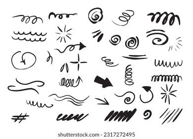 Doodle Swash Black Thin Line Set Include Heart, Stroke, Circle, and Arrow Sign. Hand drawn