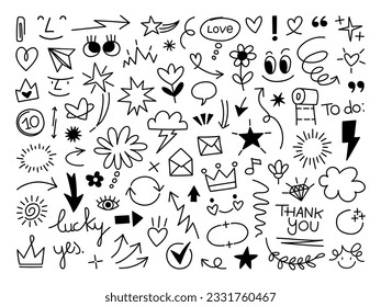 Doodle Swash Black Thin Line Set. Einschließlich Herz, Schlaganfall, Kreise, Pfeile, Wolken, Buchstaben, Sprachblasen und mehr. Volle Vektorgrafik