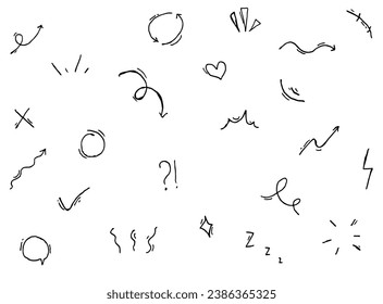 Doodle Swash Black Thin Line Set Include of Heart, Stroke, Circle and Arrow Sign. Vector illustration