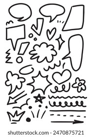 Doodle Swash Black Thin Line Set Include of Heart, Stroke, Circle and Arrow Sign. Vector illustration
