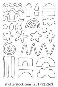 Doodle Swash Black Thin Line Set Include of Heart, Stroke, Circle and Arrow Sign. Vector illustration