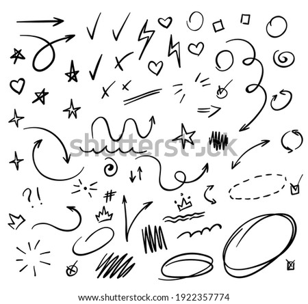 Doodle Swash Black Thin Line Set Include of Heart, Stroke, Circle and Arrow Sign. Vector illustration
