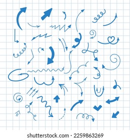 Doodle Swash Blue Thin Line Set Include of Stroke, Circle and Arrow Sign. back to school. Vector illustration