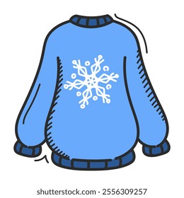 Doodle sweater icon vector isolated. Cute warm blue pullover with a snowflake on it. Autumn and winter clothing. Cozy sweater made of wool.