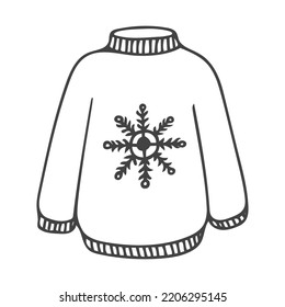 Doodle de un suéter con copo de nieve. Ilustración de ropa de abrigo dibujada a mano por vectores aislados en fondo blanco. Decoración.