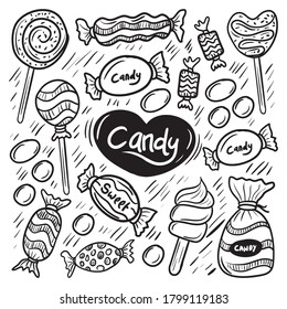 Doodle Sweet Candies Set, Such Us Hard Candy, Chocolate Bonbons, Licorice, Marshmallow Twists, Cake Pops. Vector Illustration In Sketch And Hand Drawn Style