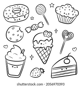 Doodle sweet characters in kawaii style with cute face. Coloring book anti-stress. Muffin, bonbon, cake, donut, ice cream, cookie, coffee. Vector illustration isolated on white background.