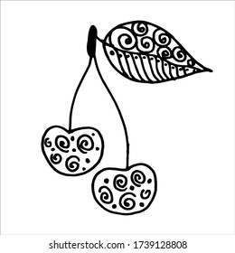 Doodle Sweet cherry hand-drawn by a liner , can be used for cards and stickers. Black white cherry. Drawing on a white background