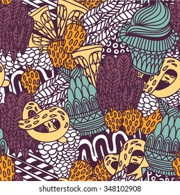 Doodle sweet detailed pattern cupcake berry bagel food and geometric elements repeating seamless vector background. Pattern for home textiles and printing coffee houses, restaurants, pastry shops
