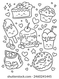 Doodle of sweet food. Vector illustration of preschool coloring book