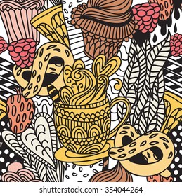 doodle sweet pattern cup teatime cake berry bagel yammy food seamless background