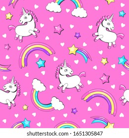 doodle sweet pattern. unicorns, rainbows, stars and hearts. fairy seamless pattern. Texture for fabric, wrapping, wallpaper. Decorative print.
