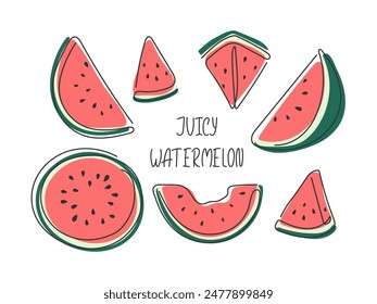 Doodle sweet sliced watermelon. Summer seasonal tasty fruit berry. Ingredient for summer cocktail lemonade smoothie. Healthy natural organic diet refreshment food