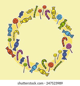doodle sweets arranged in circle frame, design template
