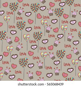 Doodle sweets background. Hand drawing seamless pattern. Candies, cupcakes, biscuits in heart shape. Vector illustration. Valentine's day texture