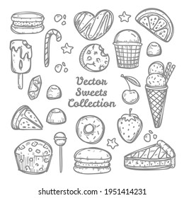 Doodle sweets and candies collection. Hand drawn illustration for menu. backgrounds and posters, coock books and notebooks, fabric prints and wallpapers