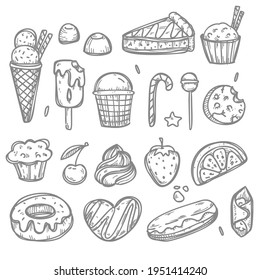Doodle sweets and candies elements. Hand drawn illustration for menu. backgrounds and posters, coock books and notebooks, fabric prints and wallpapers