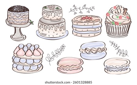 doodle sweets, cartoon watercolor cakes and pastries