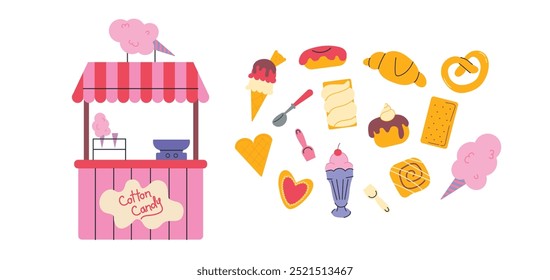 Doodle sweets and desserts set. Cotton candy, ice cream, buns, donut, croissant, cinnamon and cookies. Pastry shop counter. Cartoon vector stickers 