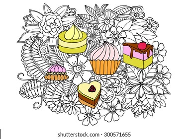 Doodle sweets and flowers. Vector image of a very tasty cakes