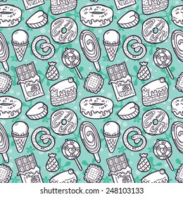 doodle sweets pattern. Vector doodle seamless pattern with sweets for wallpaper, web page background, surface textures, textile, scrap book, design fabric, menu