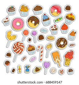 Doodle sweets set. Ice cream, donuts, cupcakes, chocolate, candies. Paper cut out stickers and labels.