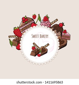 Doodle sweets with strawberry and cherry on lace background.