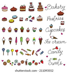 Doodle sweets. Vector hand-drawn set of design elements.