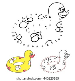 Doodle swim ring duck.Connect the dots picture puzzle.Dot to dot educational game for kids.Vector illustration. Numbers game. 