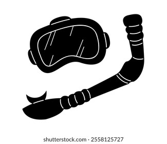 Doodle swimming mask and snorkel in black and white colors. Clip art for your projects.