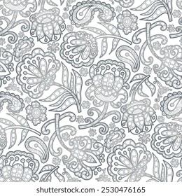 Doodle, swirl flowers, paisley pattern, white and grey colors. Seamless floral pattern-442.
