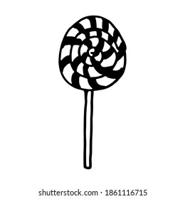 Doodle swirl lollipop illustration. Hand drawn dessert isolated on white background. Vector festive icon for candy shop poster. Sweet unhealthy food