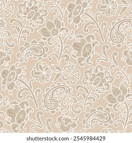 Doodle, swirl pattern, white and beige colors. Seamless floral pattern-491.