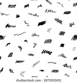 Patrón sin fisuras de las líneas giratorias del garabato. trazos abstractos de pincel dibujados a mano, elementos de dibujo divertidos. Diseño gráfico moderno. Texturas a mano alzada, fondo de tinta blanco y negro. Moda 80-90.