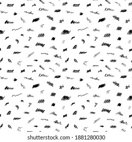 Doodle swirled lines vector seamless pattern. Hand drawn abstract brush strokes, funky drawing elements. Modern graphic design. Freehand textures, black and white ink background. Fashion 80-90s.