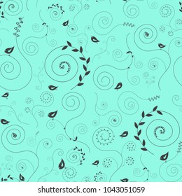 Doodle, swirls and birds pattern. Seamless pattern with black curls, and birds on light blue background. Vector illustration.