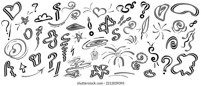 Doodle Swish In Sketch Style. Simple Line Drawing. Hand Drawn Scribble Set. Hand Drawn Graffiti Doodle With Questoins, Arrow, Heart And Line Scribble