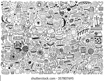 Doodle swith pattern with cupcakes, cakes and tea. Vector background with sweets. Hand drawn sketch illustration.