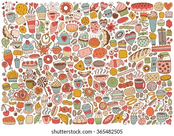 Doodle swith pattern with cupcakes, cakes and tea. Vector background with sweets. Hand drawn sketch illustration.