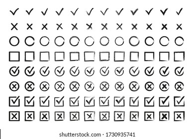 Doodle swoosh character set. Sketch of test marks, a control mark for voting, or a list of exam assignments. Hand drawn check mark, examination mark and checklist of stamps.
