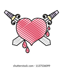 doodle swords weapon inside heart and blood drops