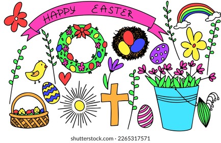 Doodle symbol of Easter. Eggs, flowers, happy Easter, rainbow, chick, sun. Vector illustration.