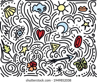Doodle symbol pattern for fabric or print fun heart, eye, moon, sun, arrow, flower, diamond, mouth, seashell, sun, star. 