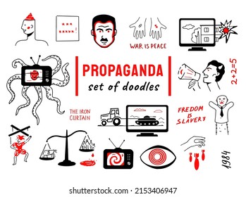 Doodle Symbols Of Propaganda, Manipulation, Dictatorial Regime And Totalitarian Ideology.