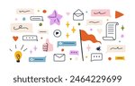 Doodle symbols set. Creative design elements, communication icons. Speech bubble, stars, hearts, lightbulb, flag, thumb-up, letter and envelope. Flat vector illustration isolated on white background