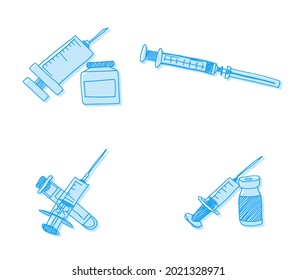 Jeringas Doodle Compilación Dibujo Azul. imagen vectorial de esbozo