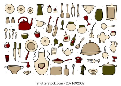 Juego de vectores de vectores de tabletería Doodle. Platos de cocina a color caricatura aislados de fondo blanco. ollas de cocina, sartenes, platos de comida, cubiertos, hervidor de agua, taza de café, ropa de chefs, cuchillo. Colección de utensilios de cocina