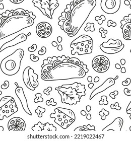 Doodle taco with ingredients food seamless pattern. Hand drawn black outline repeat vector illustration with falling tacos, avocado, lettuce, cheese, chili, tomato on white background