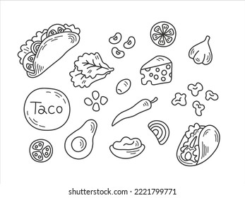 Doodle taco with ingredients set. Hand drawn black and white tacos cooking food collection. Outline vector illustration isolated on white background