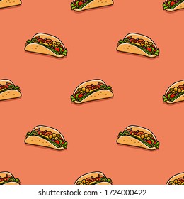 Doodle taco mexican food-verwandt nahtlose Muster. Farbige handgezeichnete Taco-Symbole auf Terrakotta-Hintergrund. Geometrisches Layout. Vektorgrafik im Cartoon-Stil. 